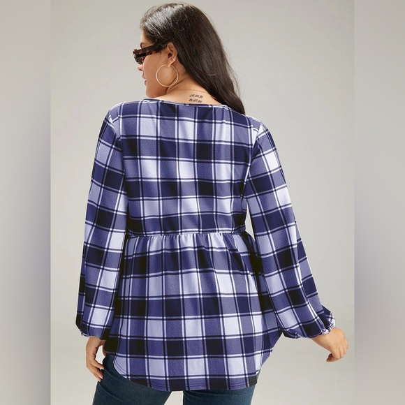 Bloomchic, size 18-20, blue and white plaid, long sleeve tunic faux wrap shirt - Picture 2 of 8